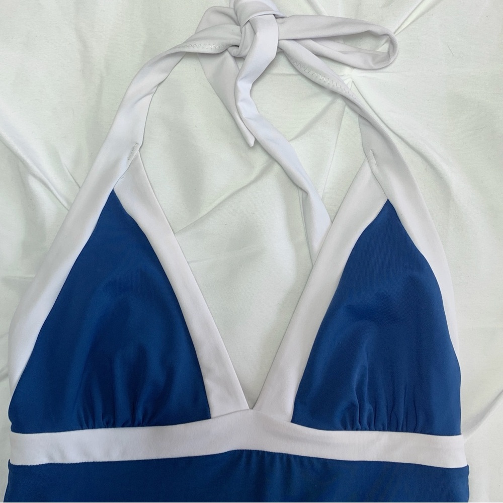 Dark blue one-piece swimsuit with white trim - Picture 2 of 5